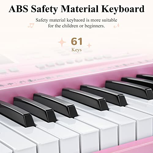 Pink keyboard with 61 keys and ABS safety material for children or beginners.