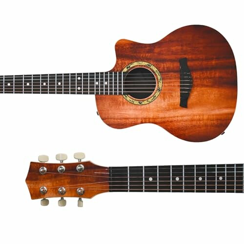 Close-up of an acoustic guitar body and neck.