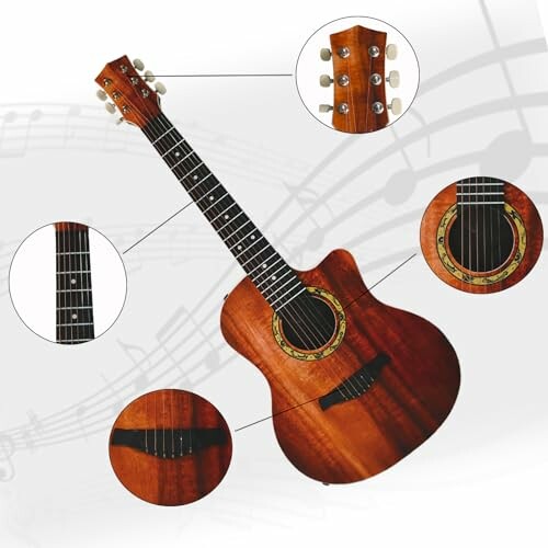 Detailed view of an acoustic guitar with focus on headstock, neck, and body.