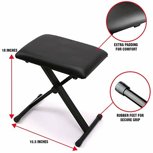Adjustable black keyboard bench with padding and rubber feet for comfortable play!