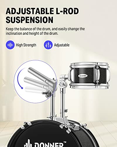 Adjustable L-rod suspension for drum with high strength and adjustability.