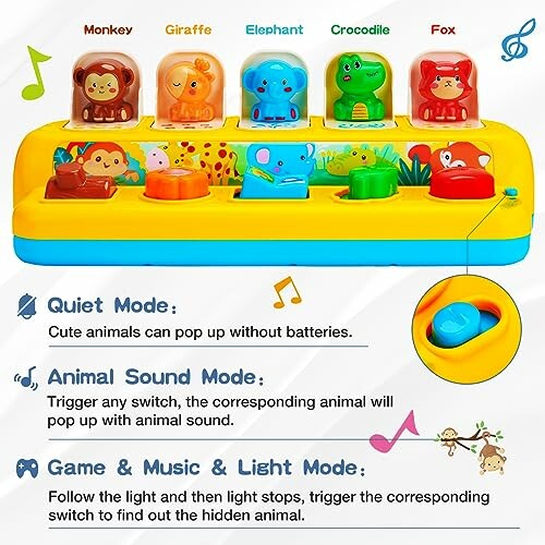Colorful animal pop-up toy with music and light features.