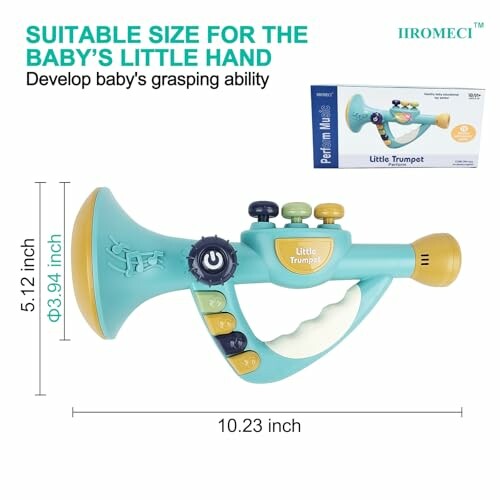 Colorful baby trumpet toy with buttons for grasping development.