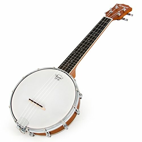A four-string banjo with a wooden neck and drum body.