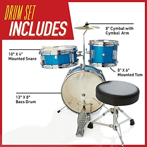 Beginner drum set with snare, tom, bass drum, cymbal, and stool.