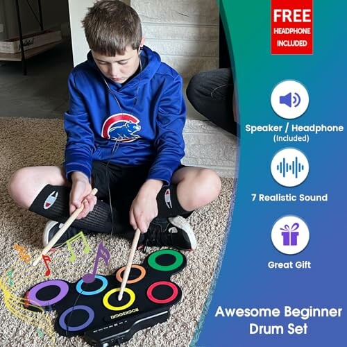 Child playing electronic drum set with headphones included.