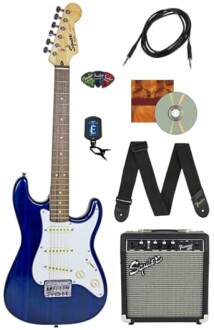 Blue electric guitar bundle with accessories including picks, tuner, strap, cable, and small amplifier.