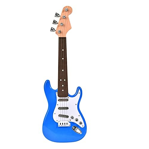 Blue electric guitar with wooden neck and white pickguard