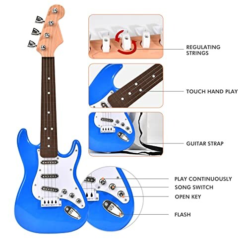 Blue toy electric guitar with features labeled, including regulating strings, touch hand play, guitar strap, play continuously, song switch, open key, and flash.