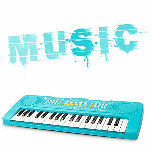 Blue toy keyboard with 'MUSIC' text in background