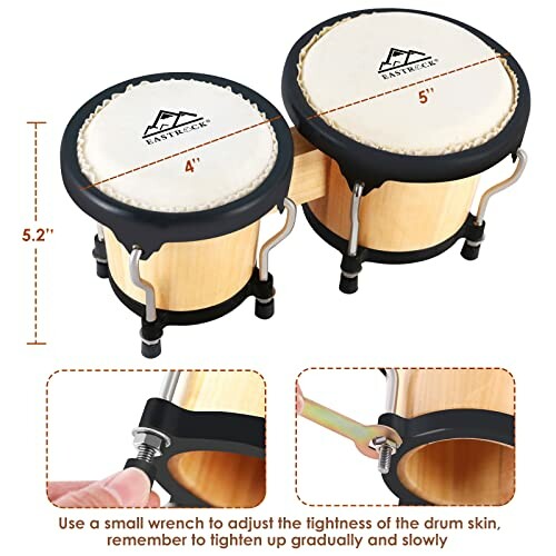 Bongo drum set with measurements and tuning instructions