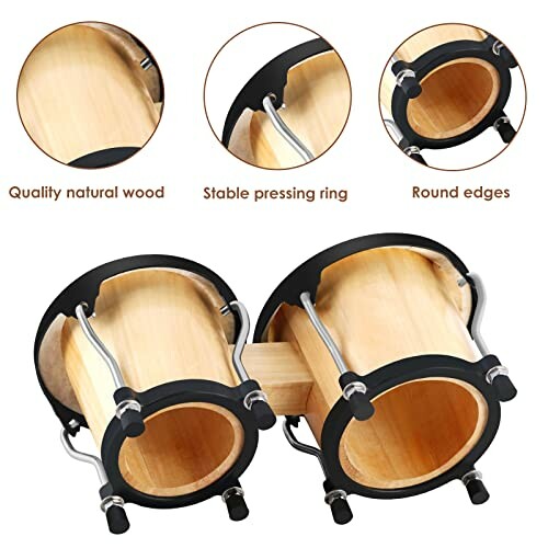 Natural wood bongo drums with metal hardware and round edges