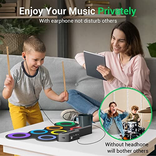 Boy playing digital drum set with headphones, woman holding tablet nearby.