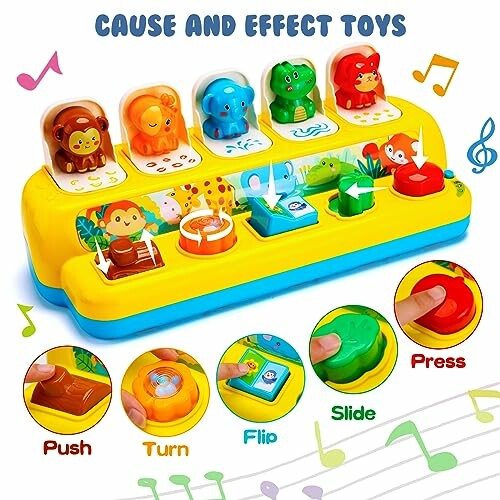 Colorful interactive cause and effect toy with animal figures and buttons for push, turn, flip, slide, and press actions.