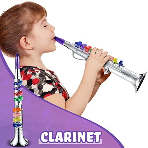 Child playing a colorful toy clarinet.