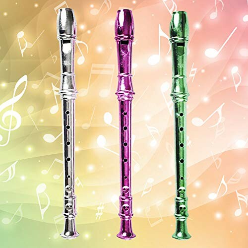 Three colorful recorders with musical notes background