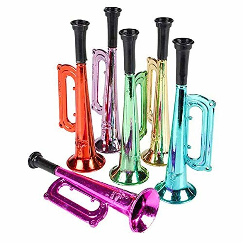 A set of colorful plastic bugles in various colors.