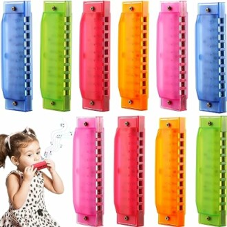 Child playing with colorful toy harmonicas.