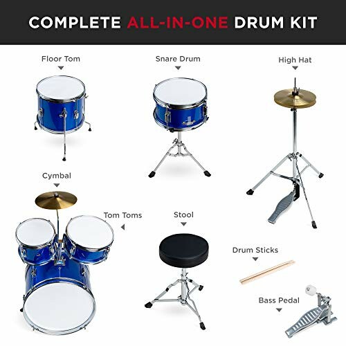 Complete all-in-one drum kit including floor tom, snare drum, high hat, cymbal, tom toms, stool, drum sticks, and bass pedal.