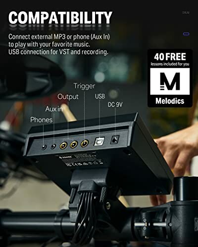 Drum module with ports and compatibility features for MP3 and VST.