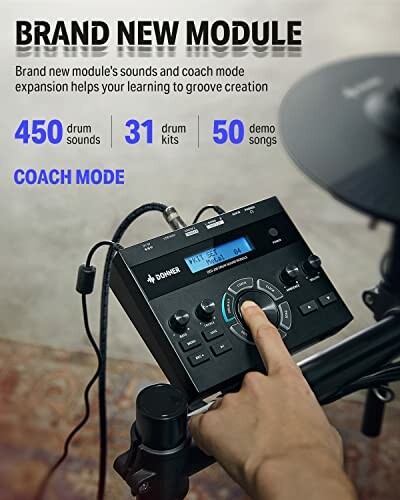 Person using electronic drum module with various features highlighted.