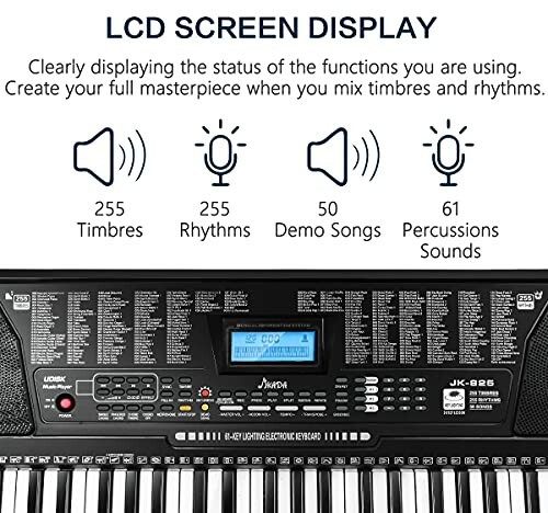 LCD screen display of an electronic keyboard showcasing features like 255 timbres, 255 rhythms, 50 demo songs, and 61 percussion sounds.