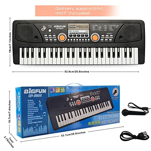 Electronic keyboard toy with microphone and power cord, packaging shown.