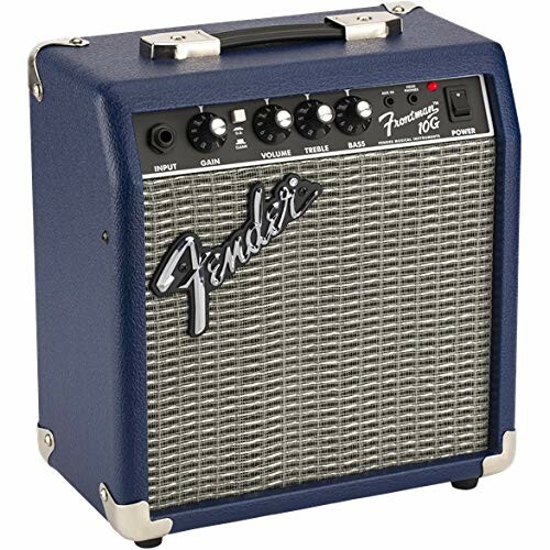Blue Fender Frontman 10G guitar amplifier with control knobs and handle.