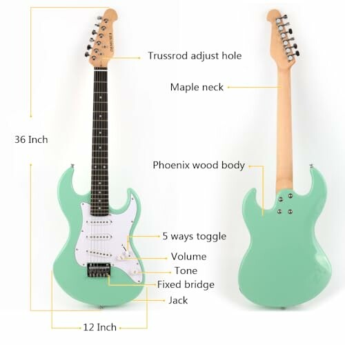 Diagram of a green electric guitar with labeled parts, including trussrod adjust hole, maple neck, Phoenix wood body, toggle, volume, tone, fixed bridge, and jack.
