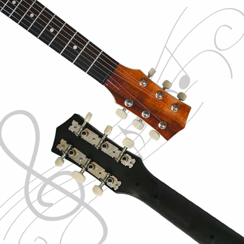 Two guitar headstocks with musical notes in the background.