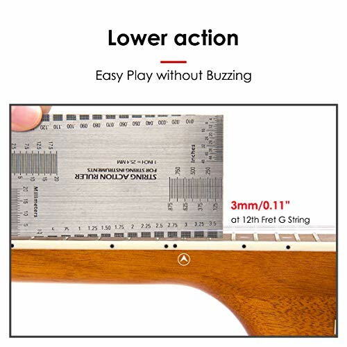 Ruler measuring guitar string action at 12th fret.