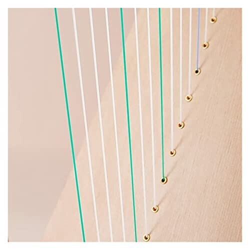 Close-up view of harp strings and tuning pegs.