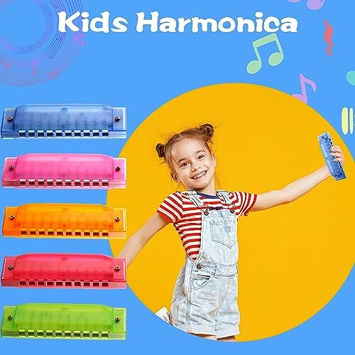 Child holding a blue harmonica with colorful harmonicas displayed.