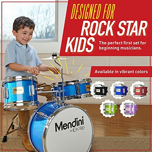 Child playing a Mendini drum set for kids, available in multiple colors.