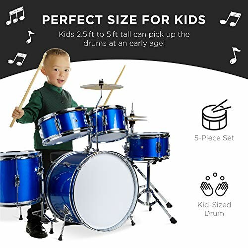 Child playing on a blue 5-piece drum set with text about drum size suitability for kids.