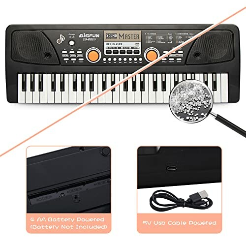 Children's electronic keyboard with battery and USB power options.