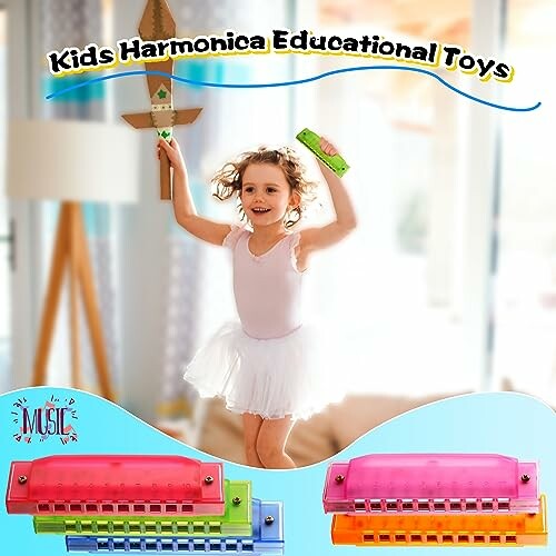 Child playing with colorful harmonicas and a toy sword.