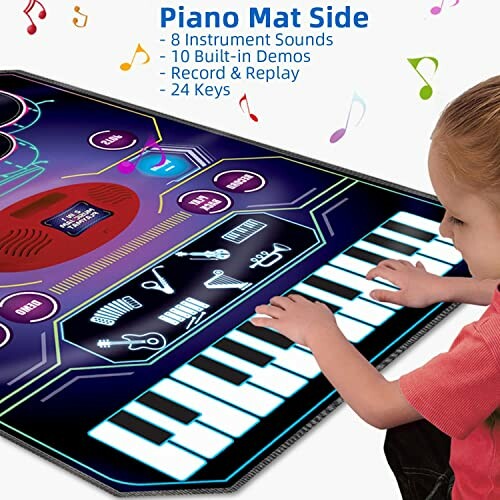 Child playing on an interactive piano mat with musical notes and buttons.
