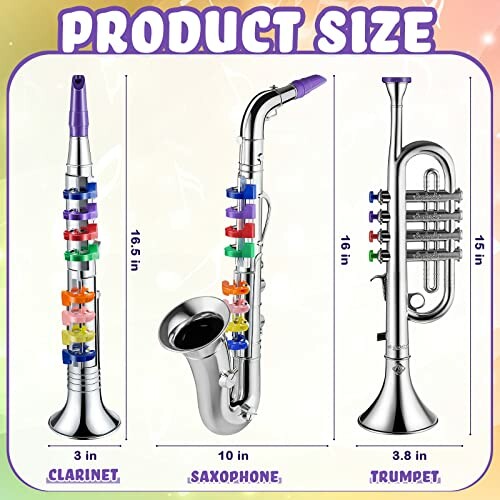 Product size comparison of toy clarinet, saxophone, and trumpet.