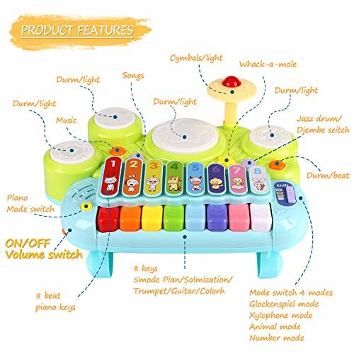 Colorful children's toy piano with drums, cymbals, and lights.