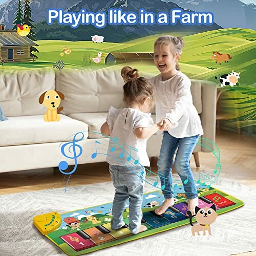 Two children playing on a colorful musical mat with farm animal graphics.
