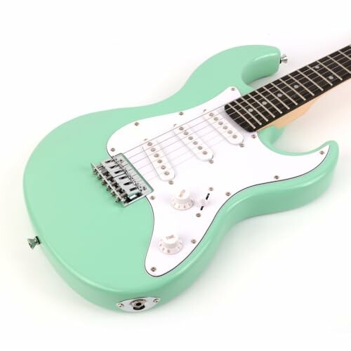 Mint green electric guitar with white pickguard.
