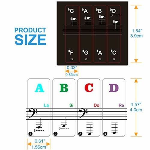 Music flash cards showing product sizes and musical notes.