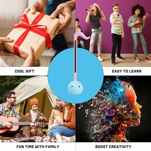 Collage of gift giving, children playing instruments, family camping with guitar, and creative music illustration.