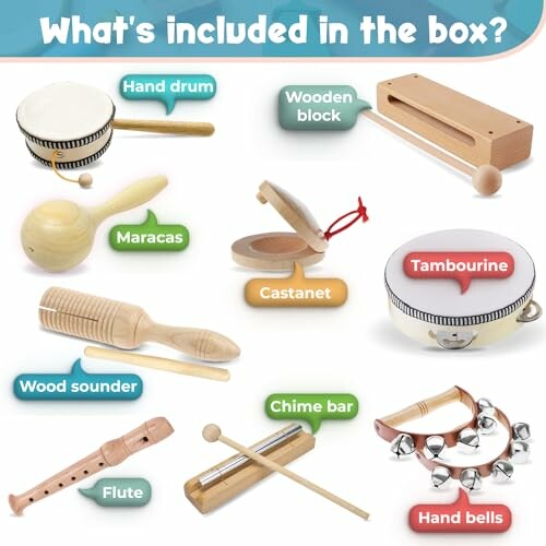 Collection of musical instruments including hand drum, wooden block, maracas, castanet, tambourine, wood sounder, chime bar, flute, and hand bells