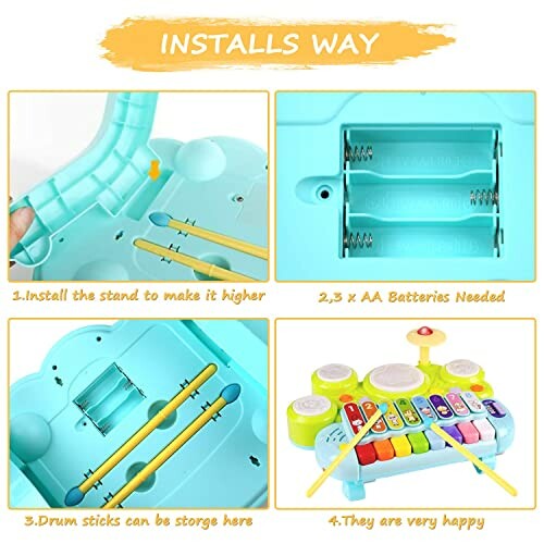 Installation guide for a musical toy with batteries and drumsticks.