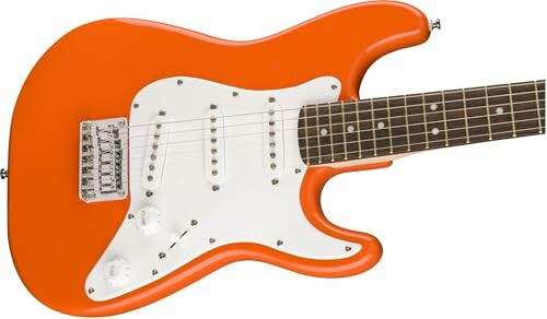 Orange electric guitar with white pickguard and six strings.