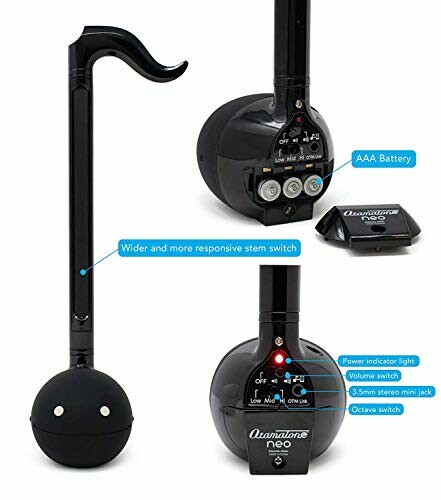 Otamatone Neo electronic musical instrument with features labeled.