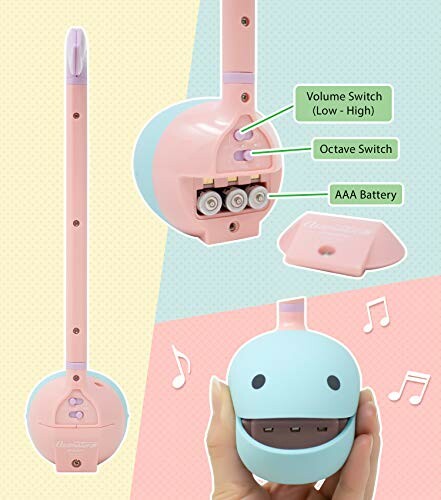 Pastel pink and blue Otamatone with labeled parts including volume and octave switches and battery compartment.