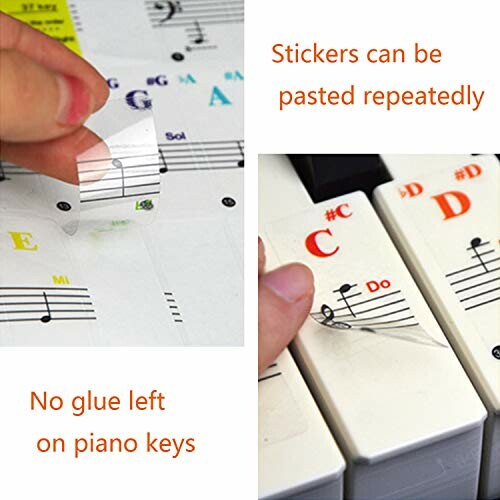 Piano key stickers being applied without glue residue.